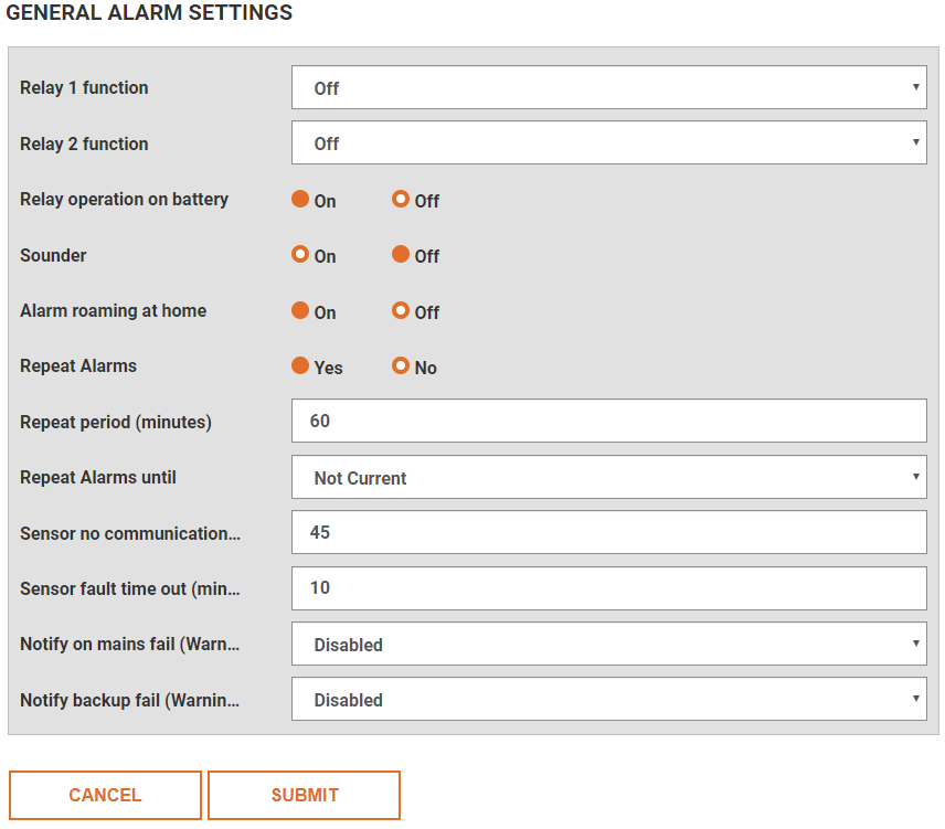amend general alarms settings window for the Tek Troniks D3 wireless monitoring system