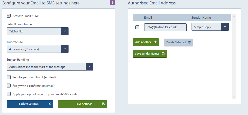 configure email to sms settings