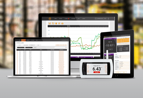 Tektroniks wireless monitoring systems for food retail showing ipad, laptop and d3 base station.