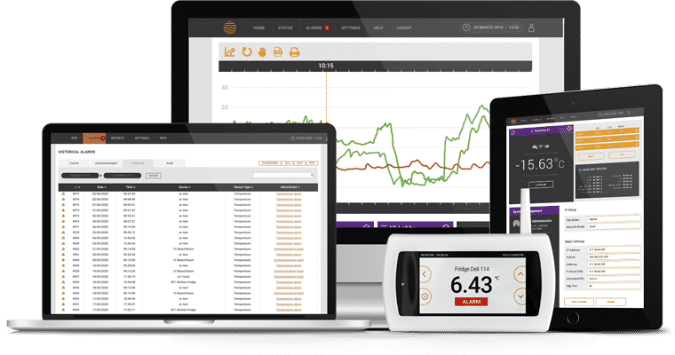Access to TekTroniks wireless monitoring system through different web enabled devices showing reports, graphs & statistical data.