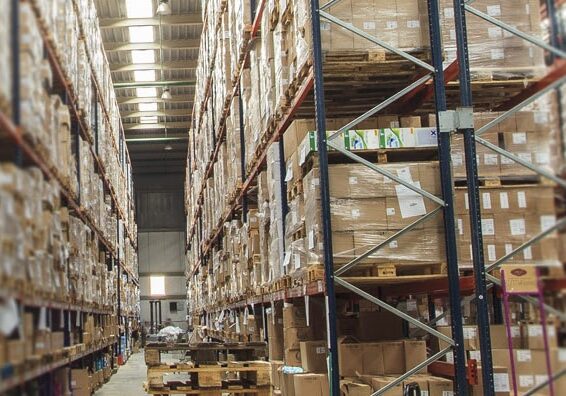 Temperature controlled warehouse with storage pallet shelves